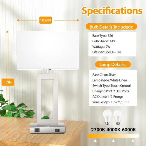 Vista 6 de Juego de 2 lámparas de mesa con control táctil de 3 temperaturas de color, regulables sin escalones, con 2 puertos USB y salida CA, lámparas
