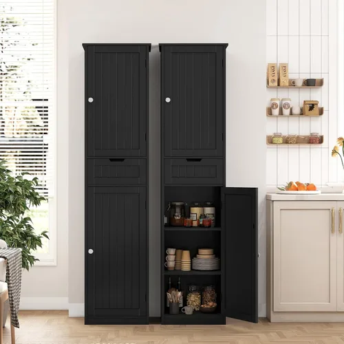 Vista 2 de Iwell Armario de baño alto negro con 2 puertas y 1 cajón, armario de almacenamiento de baño con estantes ajustables, unidad de almacenamiento