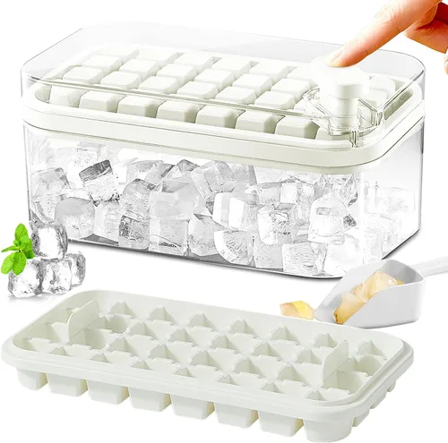 Vista 8 de Bandeja para cubitos de hielo con tapa y contenedor, paquete de 2 para congelador, molde para 64 cubitos de hielo (verde)
