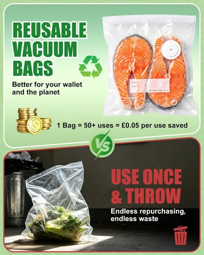 Vista 6 de RIWUSI 30 bolsas selladoras al vacío reutilizables para alimentos con válvula de aire y 10 clips de sellado, pequeñas (8.2 x 8.7 pulgadas), bolsas