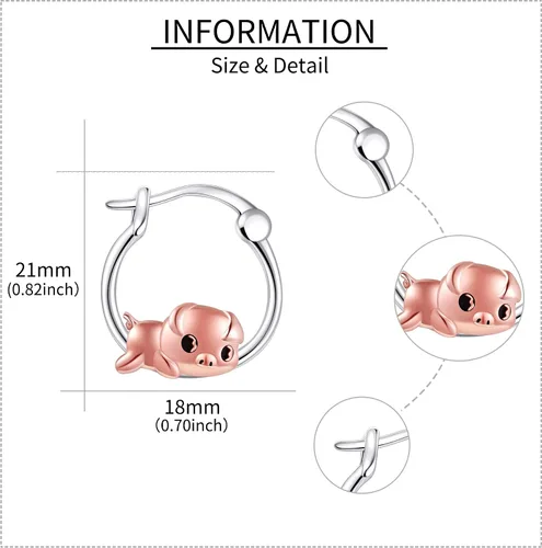 Vista 5 de Aretes de aro de plata de ley 925 de pato, vaca, cerdo, perro, bulldog francés, hongos, nutrias, mantarrayas, hipoalergénicos, lindos animales