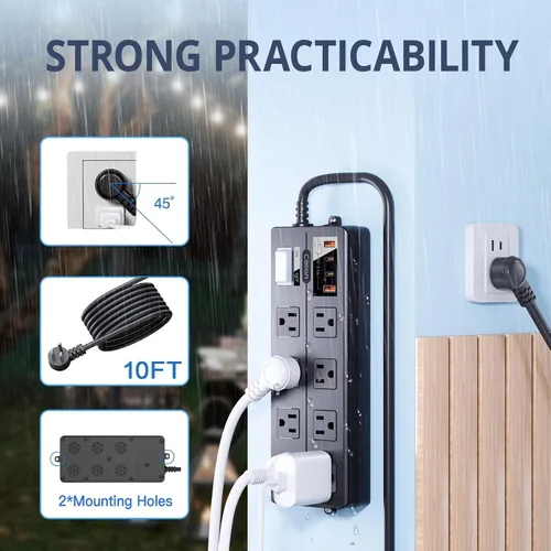 Vista 5 de Regleta de alimentación para exteriores IPX6 resistente a la intemperie, protector de sobretensiones impermeable con 8 tomas anchas con puertos USB
