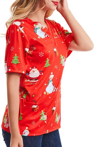 Vista 5 de SATINIOR Camisetas médicas navideñas para mujer, color rojo, con cuello navideño