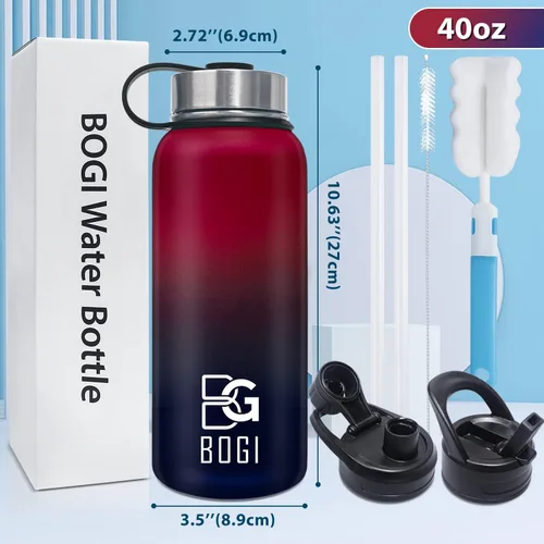 Vista 2 de BOGI Botella de agua aislada de 40 onzas, paquete de 2 botellas de agua de acero inoxidable al vacío de doble pared con popote y 3 tapas, botella