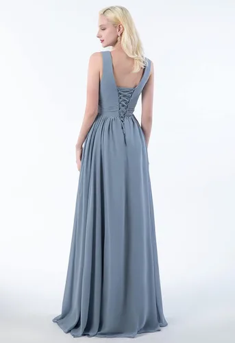 Vista 2 de Vestido de dama de honor con cuello en V para mujer, de gasa, plisado, vestido de noche formal con abertura