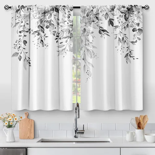 Vista 31 de Aimego Cortinas de Cocina de Eucalipto Primaveral - Hojas de Plantas de Acuarela Floral Azul con Cortinas de Nivel Botánico Floral para Cafetería