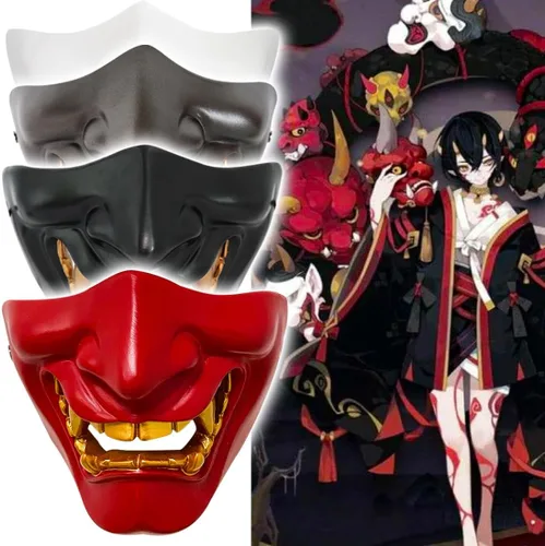 Vista 5 de VPZenar Samurai Oni - Máscara de media cara para cosplay, fiesta, disfraces de Halloween