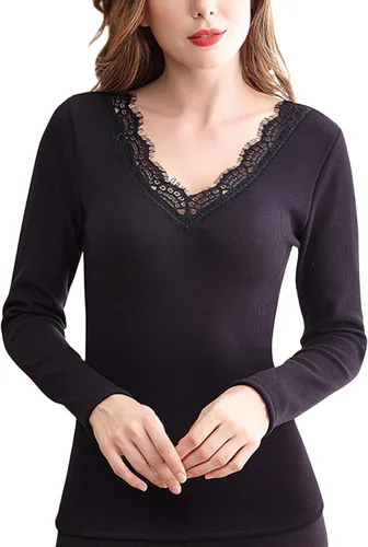 Vista 10 de Flygo Ropa interior térmica para mujer, camisas térmicas de encaje con forro polar y cuello en V