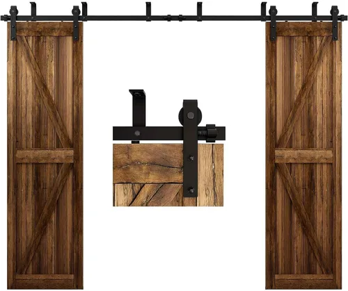 Vista 9 de CCJH Kit de herrajes para puerta corrediza de granero de 4 pies, sistema de soporte en forma de L de techo bajo para puerta de madera individual