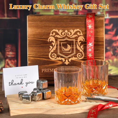Vista 3 de Juego de vasos de whisky, juego de regalo de cumpleaños para hombre, piedras de whisky, vidrio de roca de bourbon con caja de regalo de madera