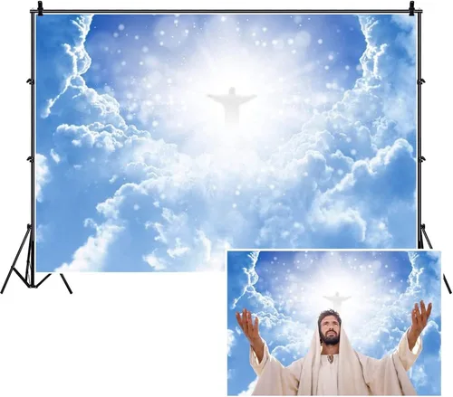 Vista 6 de Leyiyi Fondo de fotografía de Jesucristo en el cielo, 5 x 3 pies, paraíso Dios, lugar, cielo, nube, bokeh, halos, punto, pancarta sagrada, telón