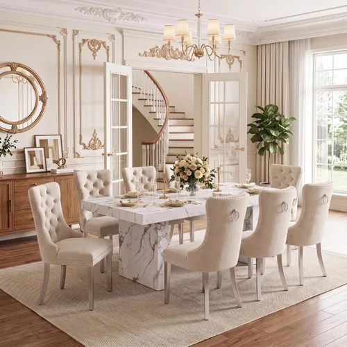 Vista 2 de Ebullient 79" White Dining Table Set for 8, Faux Marble Table & 8 Chairs Cream Chairs
