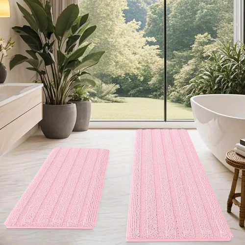 Vista 47 de ACCUMTEK - Juego de alfombras de baño a rayas beige de 3 piezas, ultrasuaves, antideslizantes de chenilla, alfombras de baño mullidas y absorbentes