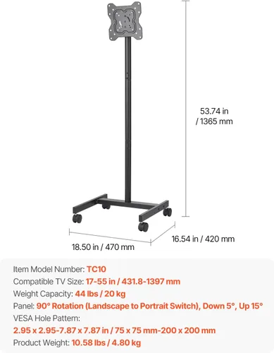 Vista 7 de VEVOR - Soporte de TV con ruedas, carrito de TV móvil para pantallas de 17 a 55 pulgadas, de retrato a paisaje, soporte de TV portátil con ruedas