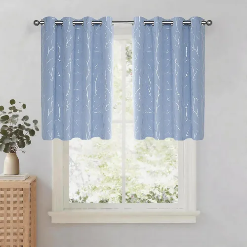 Vista 30 de BUHUA Cortinas pequeñas para ventana de 36 pulgadas de largo, 2 paneles, cortinas opacas con elegantes ramas de árbol plateadas, cortinas de bloqueo