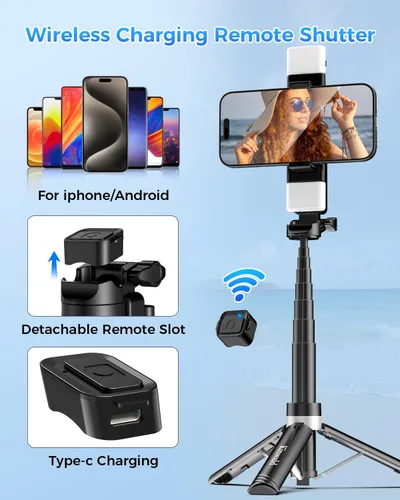 Vista 6 de Trípode para teléfono 3 en 1 con luces LED y control remoto, soporte de trípode extensible para selfie, portátil compacto con control remoto
