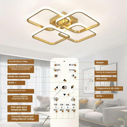 Vista 6 de CANEOE Lámpara de techo LED dorada moderna de 4 cuadrados, regulable, control remoto, montaje empotrado cuadrado, iluminación interior para Dorado