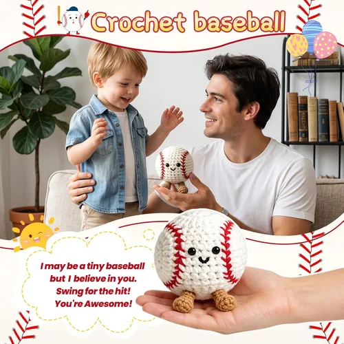 Vista 6 de Regalos positivos de ganchillo de béisbol para niños, hombres, papá, muñeca de punto inspiradora con tarjeta de aliento y llavero de caja, divertida