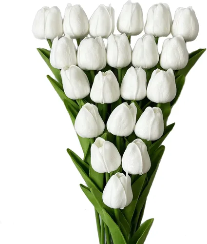 Vista 11 de UKELER 24 piezas de flores negras de tulipán, flores artificiales de poliuretano de tacto real para decoración del hogar, centros de mesa, arreglo