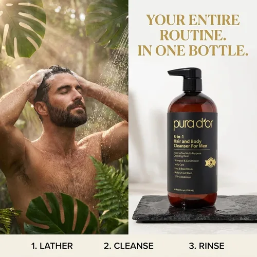 Vista 7 de PURA D'OR Limpiador de cabello y cuerpo 8 en 1 de 24 onzas para hombres, sin sulfatos, lavado multiusos para cabello, cara, barba y cuerpo, con aloe