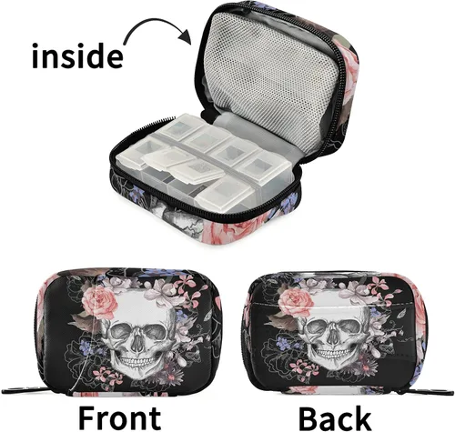 Vista 7 de Naanle Pastillero de acuarela con diseño de calavera y flores de 7 días, bolsa organizadora de píldoras de viaje con cremallera, funda semanal