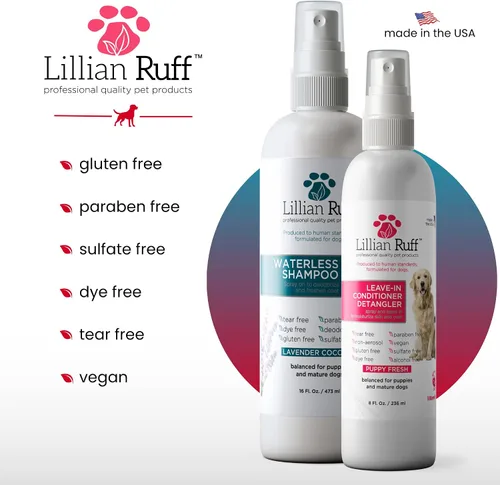 Vista 6 de Lillian Ruff Champú seco sin enjuague para perros sin agua, acondicionador y desenredante sin enjuague - pH equilibrado para perros después