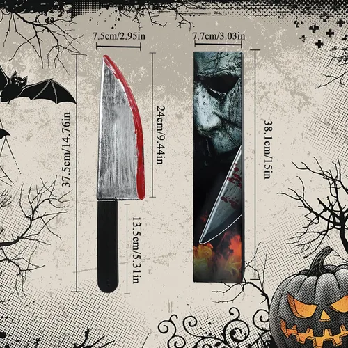 Vista 2 de Cuchillo de carnicero de Halloween, 2 unidades, cuchillo clásico de película de terror, cosplay, accesorios de goma para Halloween