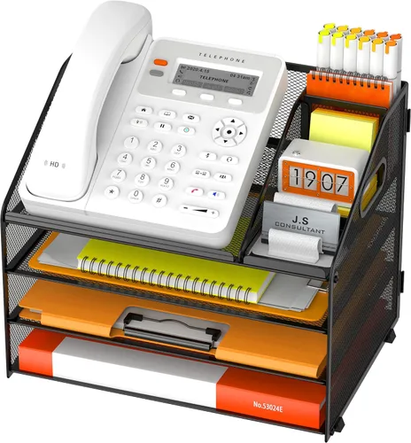 Vista 18 de DocNest - Organizador de archivos de 4 niveles con bandeja para cartas, organizador de escritorio de malla con asa, organizadores de escritorio