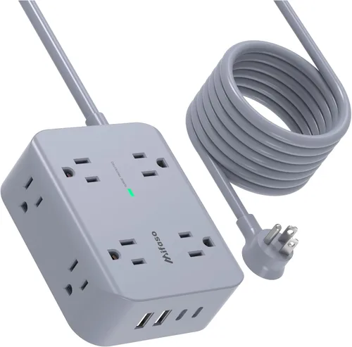 Vista 9 de Regleta protectora contra sobretensiones, enchufe plano, montaje en pared, 8 tomas anchas con 4 puertos USB (2 USB C), cable de extensión resistente