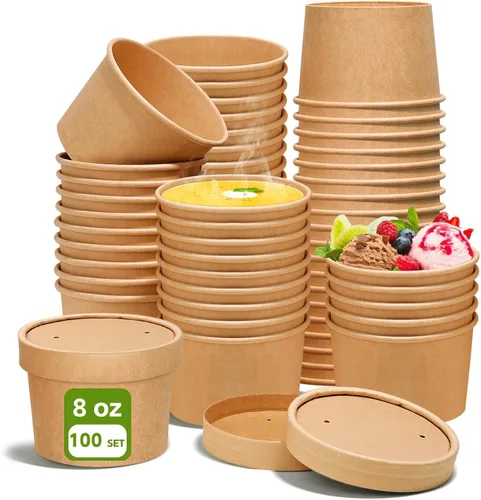 Vista 16 de Paquete de 100 recipientes de papel de 4 onzas para sopa con tapas ventiladas, recipientes desechables para alimentos, tazas de helado de estraza