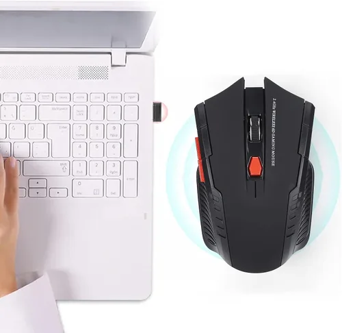 Vista 2 de Pomya Ratón de juego inalámbrico, mouse ergonómico para computadora, mouse óptico para computadora portátil, 2.4 GHz, 6 teclas, DPI ajustable, negro