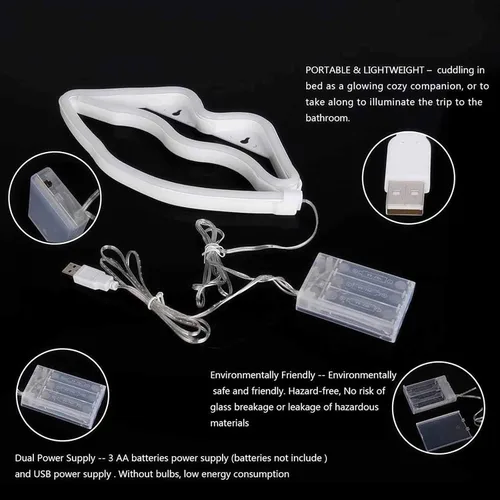 Vista 8 de ENUOLI Letreros de neón con forma de labios, luz nocturna rosa, luz de pared LED, luces de neón decorativas románticas para dormitorio, bar