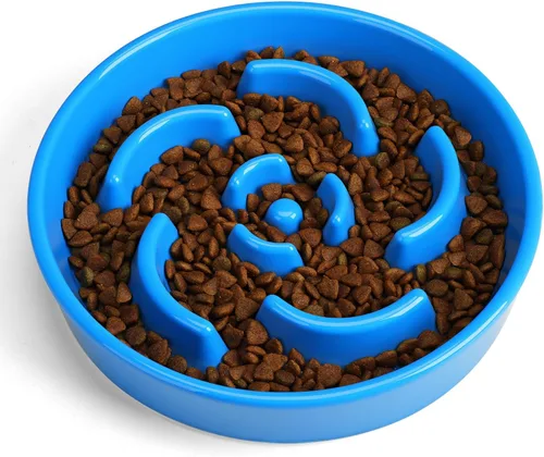 Vista 2 de Cuenco de cerámica para perros de alimentación lenta, 2 tazas de plato de flor - azul