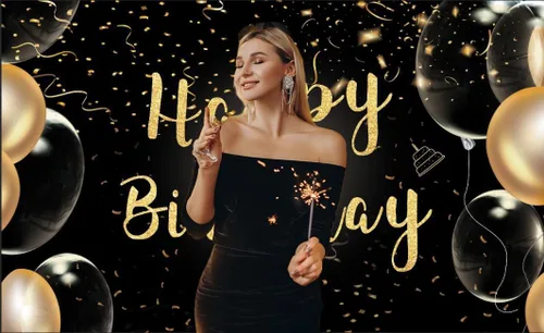 Vista 3 de 6 telón de fondo de cumpleaños negro y dorado de 3.6 pies, fondo de globo dorado transparente, telón de fondo de feliz cumpleaños para mujeres