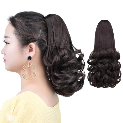Vista 14 de Cola de caballo con clip, color castaño rojizo, ondulado de 10 pulgadas, extensión de cola de caballo de 3.3 onzas, extensiones de cabello sintético