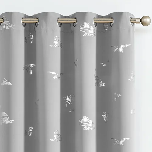 Vista 12 de Vangao - Cortinas para niños con impresión de dinosaurio en negro, cortinas opacas para guardería, habitación de niñas y niños, estampado plateado