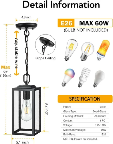Vista 4 de VIANIS Luces colgantes al aire libre, lámparas colgantes exteriores para porche delantero, moderna iluminación exterior negra para patio con vidrio
