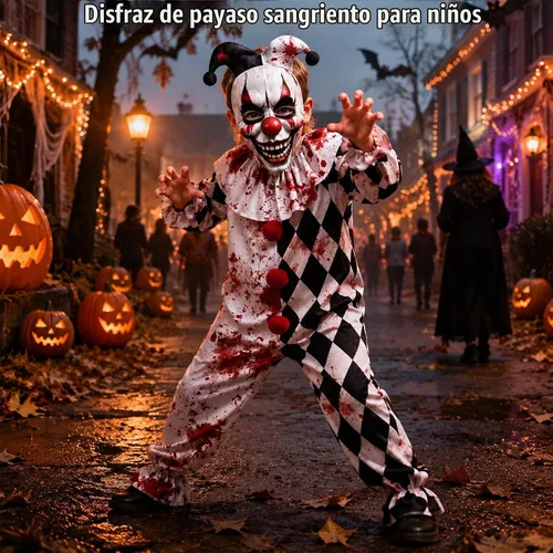 Vista 6 de Disfraz de payaso sangriento para niños, disfraz de Halloween aterrador que incluye máscara y overol Negro & blanco