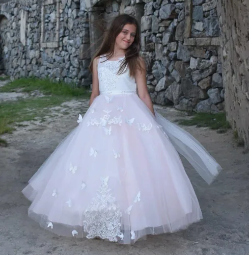 Vista 6 de Vestido de niña de flores, para niñas con cuentas y encaje, traje para certámenes.