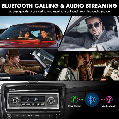 Vista 2 de Estilo retro clásico Radio de coche - ABSOSO Bluetooth de una sola ranura Vintage Estéreo - Sintonizador AM FM USB AUX Entrada 4.1 CHN Salida