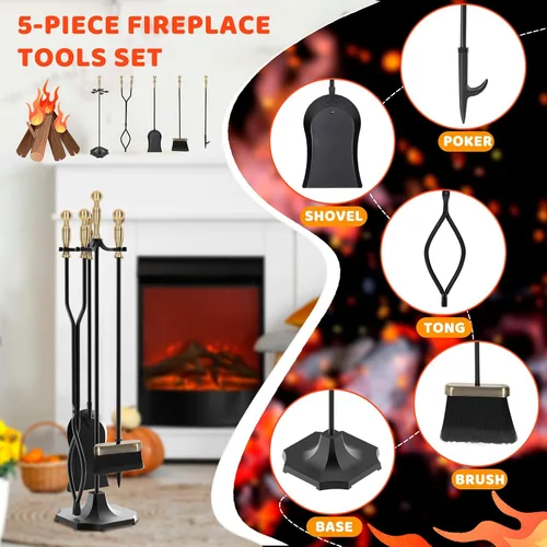 Vista 3 de Juego de 5 herramientas para chimenea de 31 pulgadas, herramientas de hierro forjado con mango ergonómico, juego de accesorios para chimenea incluye