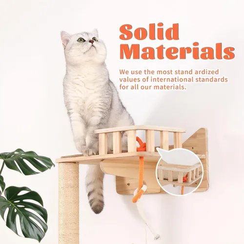 Vista 5 de Árbol para gatos montado en la pared, 7 estantes y perchas de pared para gatos con postes rascadores altos de sisal, árbol de escalada para gatos