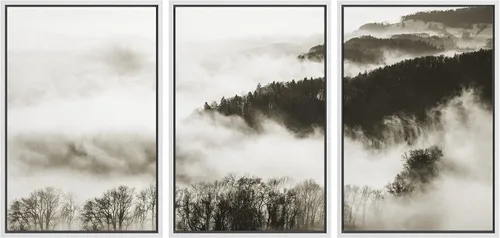 Vista 20 de SIGNWIN Lienzo enmarcado para pared, juego de decoración de guardería de bosques, niebla y niebla sobre bosque de montaña oscura, naturaleza, arte