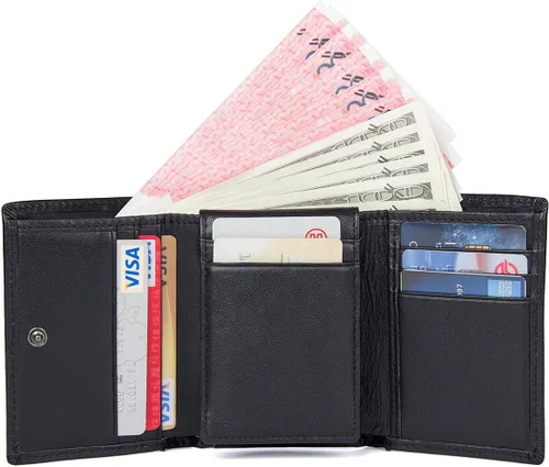 Vista 6 de RFID bloqueo genuino cuero de vaca triple tarjeta cartera para hombres con 2 ventanas de identificación