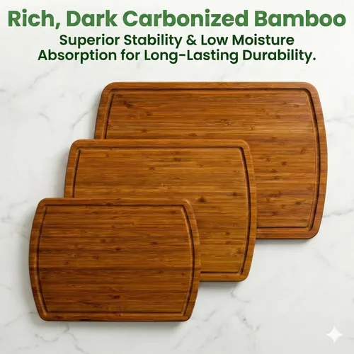 Vista 2 de Greener Chef Juego de tablas de cortar de bambú de lujo de 3 piezas con tecnología de resistencia de grano vertical carbonizada, tablas de cortar