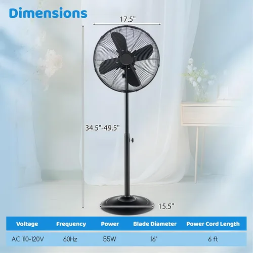 Vista 4 de Tangkula Ventilador de pedestal de metal de 16 pulgadas, ventilador de pie de metal industrial con altura ajustable, 3 velocidades, oscilación
