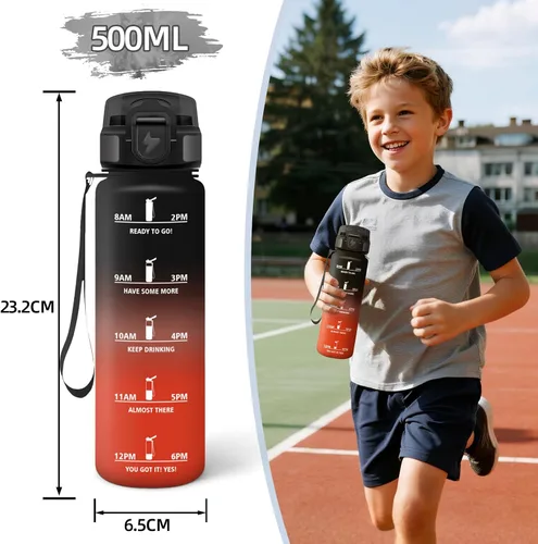 Vista 6 de Botella Agua, 16.9 fl oz Libre de BPA, Botella Agua Niños, Diseño de Cerradura a Prueba de Fugas, cantimplora, Con Marca de Tiempo, Cantimplora