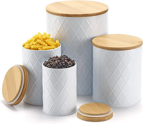 Vista 9 de Juego de recipientes de cocina blancos con tapas de bambú, azúcar hermético, harina, café, juegos de recipientes para almacenamiento de galletas