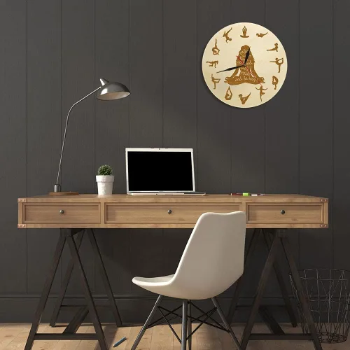 Vista 6 de XDG Reloj de pared de madera para yoga, decoración del hogar, meditación, yoga espiritual, silencioso, sin tictac, yoga, estudio de yoga, arte