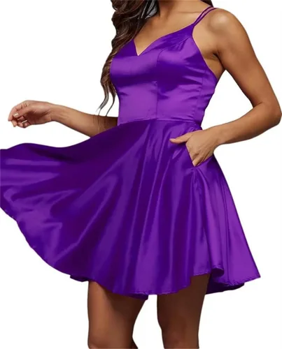 Vista 3 de Satin Homecoming Dress with Pockets Mini A-Line V Neck Sleeveless Formal Evening Dress